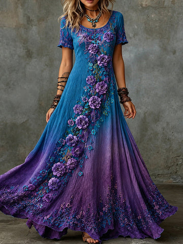 Women's Vintage Rose Floral Art Linen Blend V Neck Maxi Dress
