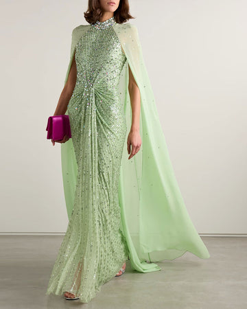 Cape-effect embellished georgette-trimmed tulle gown