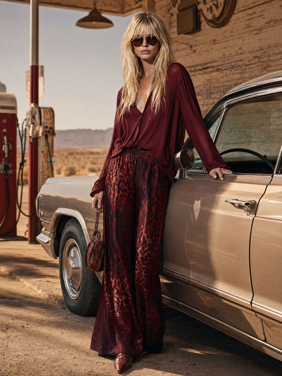 Retro-elegant Red V-neck Chiffon Blouse And Leopard Print Trousers Set