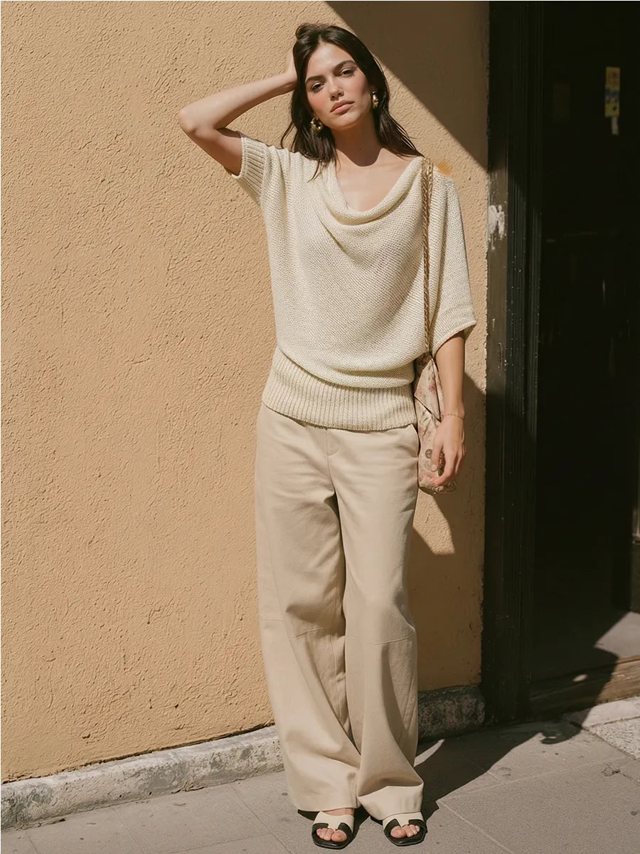 Women's Cream Knit Cowl-Neck Top & Beige Cotton-Blend Pants Set, Timeless Effortless-Chic Neutral Outfit MDZ2583D4LYL