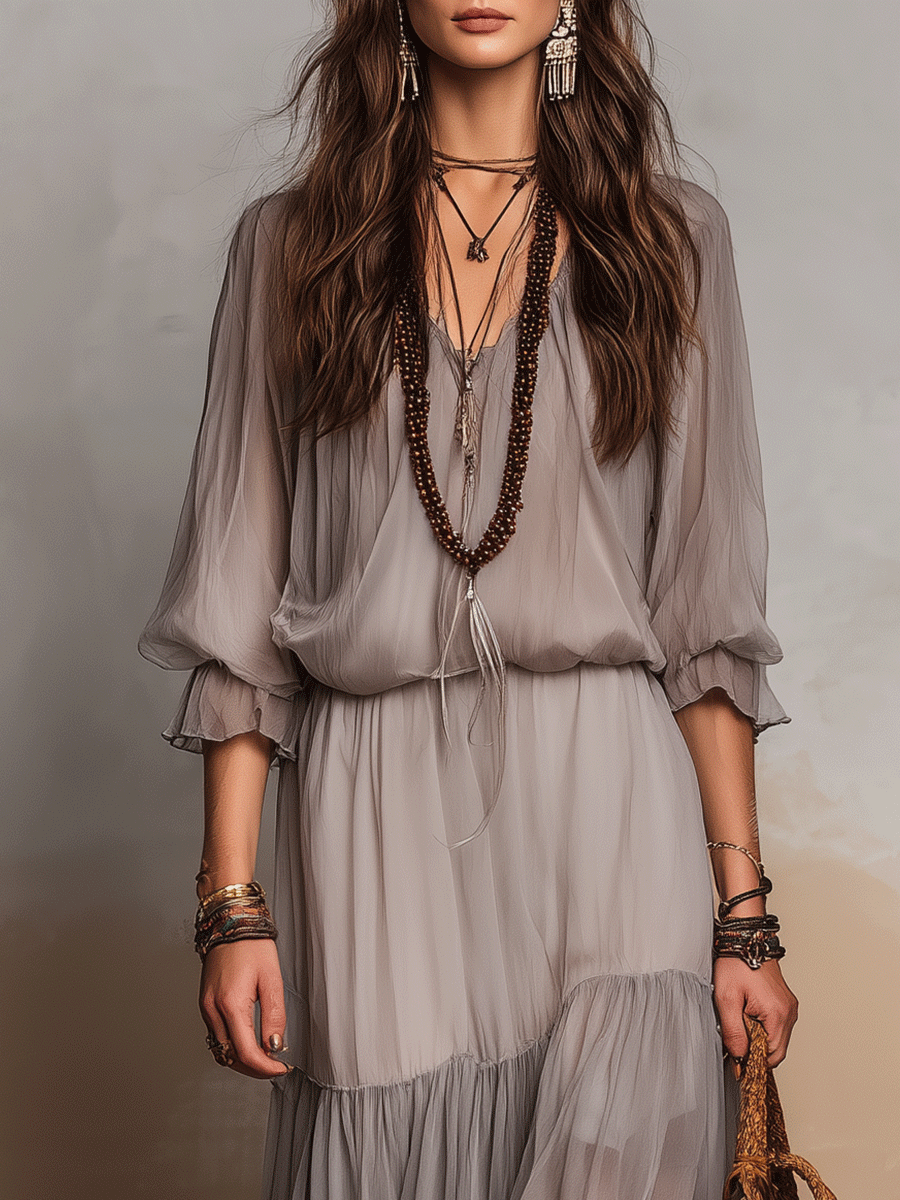Elegant Boho Chic Ruffled Maxi Dress In Soft Gray