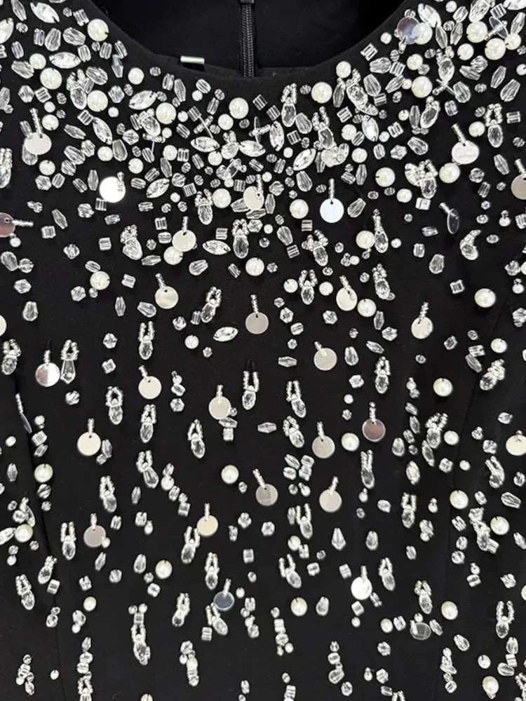 Long Sleeve Crystal Pearl Sequin Maxi Dress Black
