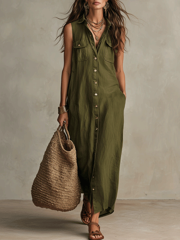 Effortless Olive Boho Button-Down Maxi Shirt Dress