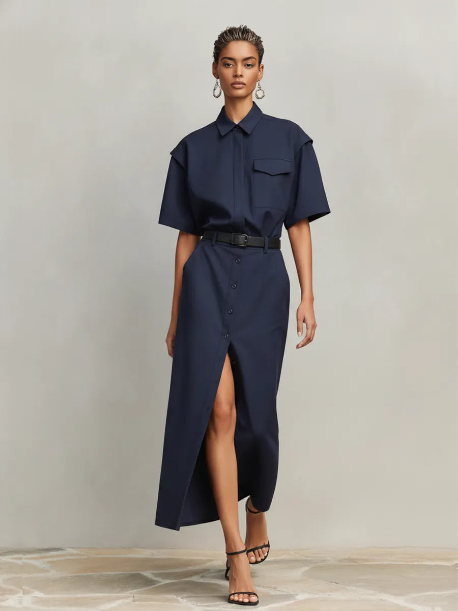 Women's Navy Blue Cotton-Blend Two-Piece Set  With Short Sleeves & Front Slit, Timeless Minimalist-Chic Workwear Dress (without Belt) MDZ2309D7LYL