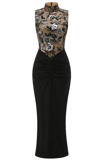 Floral Embroidered Maxi Dress Black