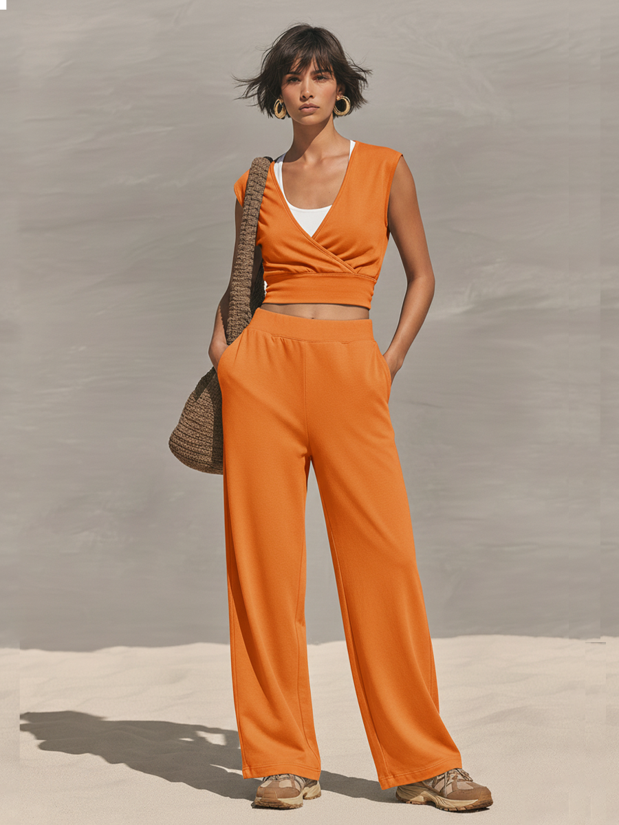 Women's Orange Jersey Two-Piece Set With Wrap Crop Top & Elastic Waist Pants, Timeless Athleisure-Chic Loungewear MDZ2303D9LYL