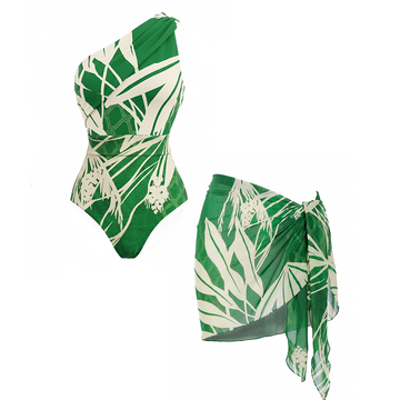One Shoulder Green Plant Print Swimsuit Set(s)