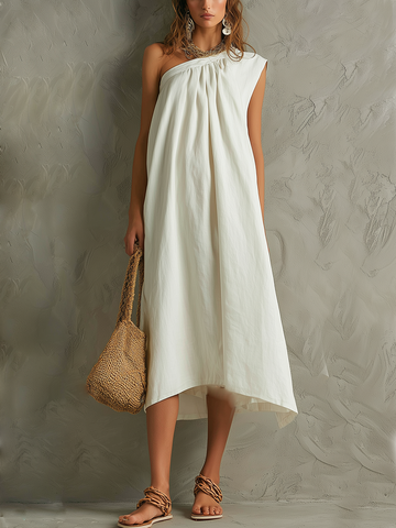 White Minimalist One Shoulder Maxi Dress With A Resort Vibe