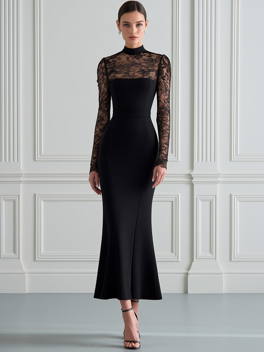 High-Neck Lace Panel Mermaid Maxi Dress