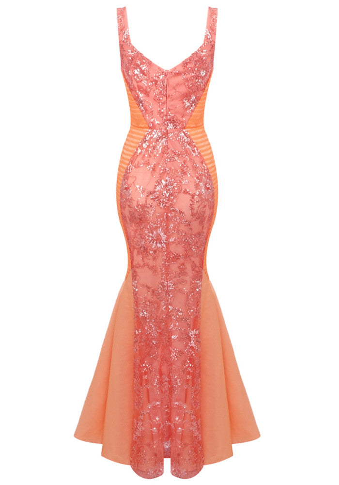 Floral Sequin Maxi Dress Orange