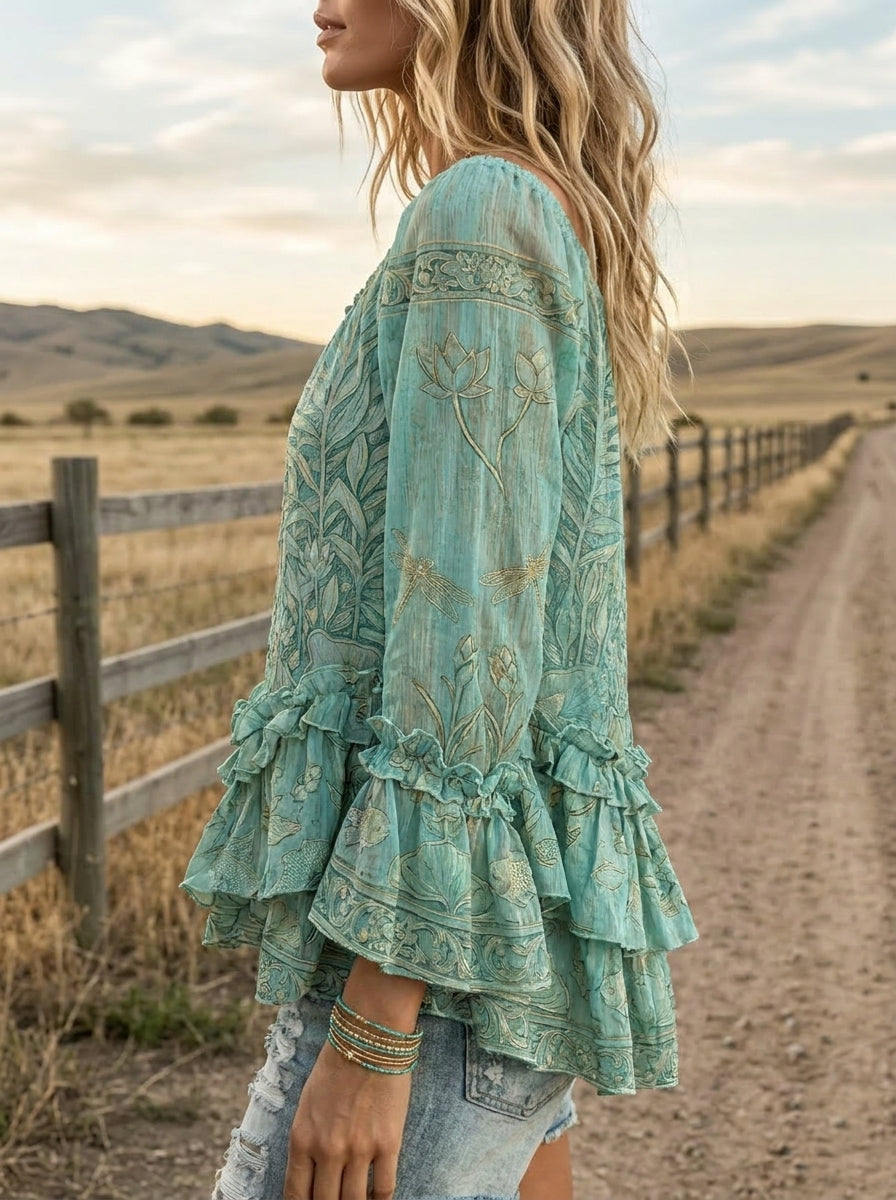 Vintage Art Print Casual Ruffle Shirt