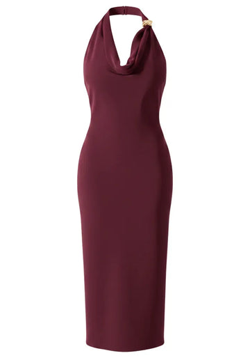 Halter Draped Design Midi Dress Burgundy