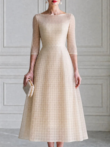 Boat-Neck Grid-Texture 3/4 Sleeve A-Line Midi Dress