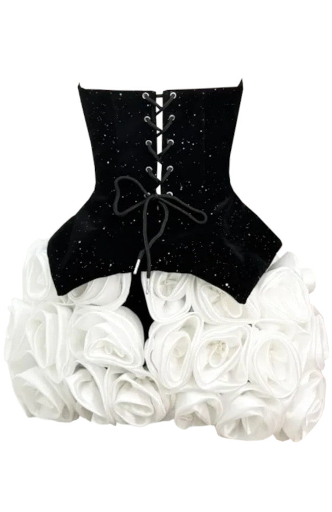 Sparkly Strapless Floral Corset Dress Black White