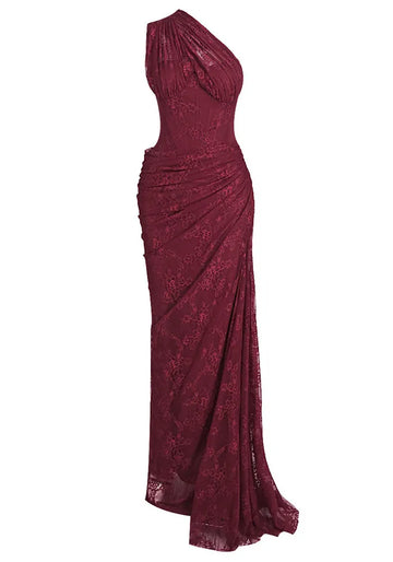 One Shoulder Draped Lace Maxi Dress Burgundy