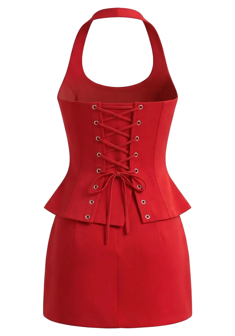 Halter Corset Two Piece Dress Red