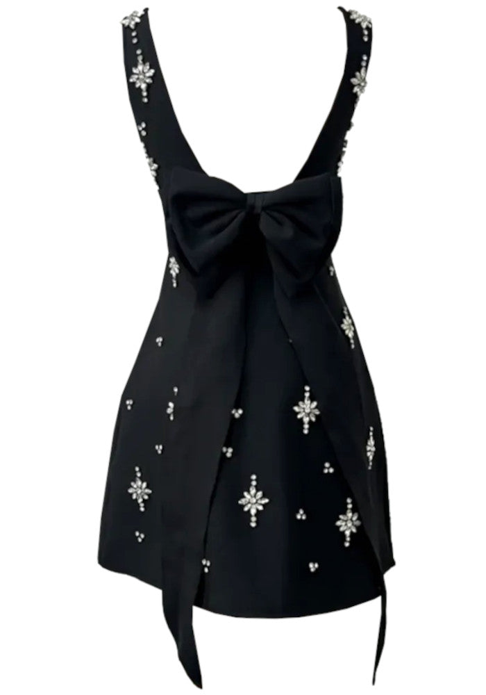 Crystal Bow Detail Backless A Line Dress Black