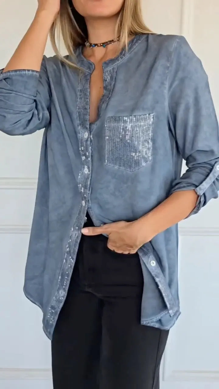 Women's V-Neck Cotton-Linen Casual Top with Sequin Splicing