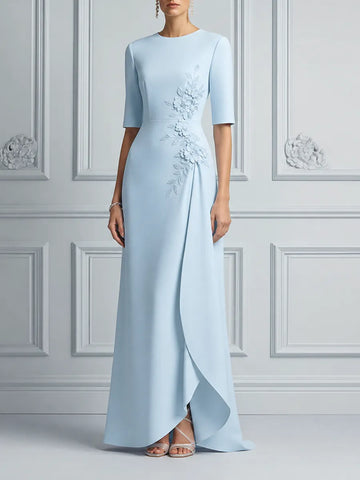 Blue Dress Fall Wedding Guest Dress Floral Appliqué Overlap Maxi Dress