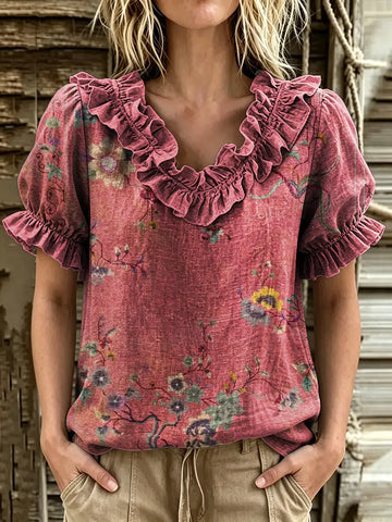 Women's Vintage Botanical Floral Print Ruffle V-Neck Puff Sleeve Blouse
