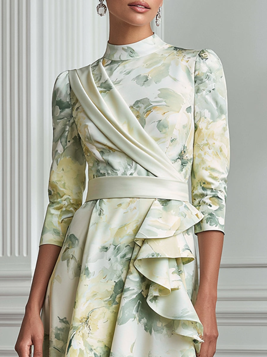 Watercolor Floral Print Ruffle Trim Acetate Satin Maxi Dress