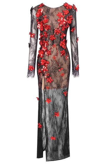 Long Sleeve Floral Detail Lace Maxi Dress Black Red