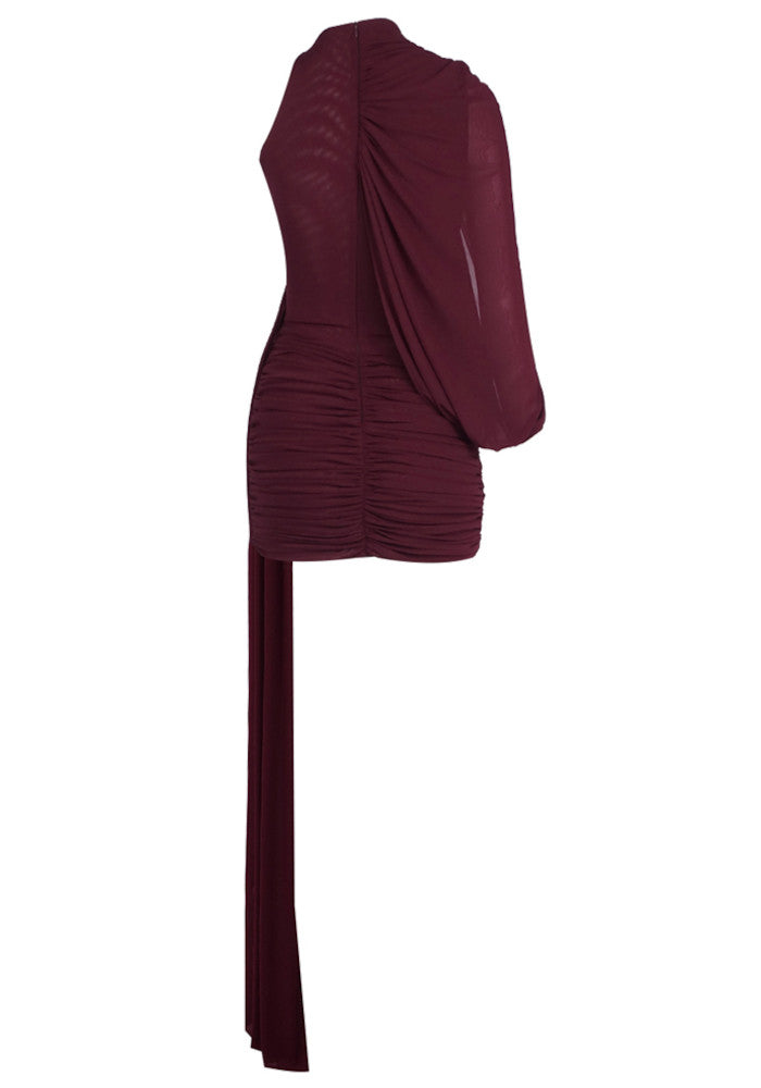 One Sleeve Draped Dress Burgundy