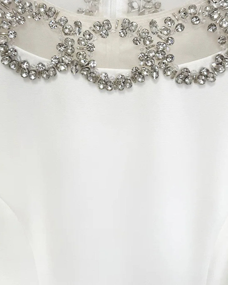 Long Sleeve Crystal Mesh Maxi Dress White