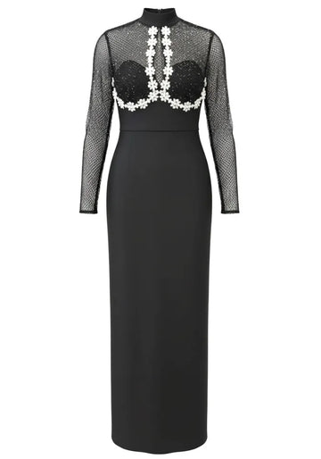 Sparkly Long Sleeve Floral Detail Maxi Dress Black