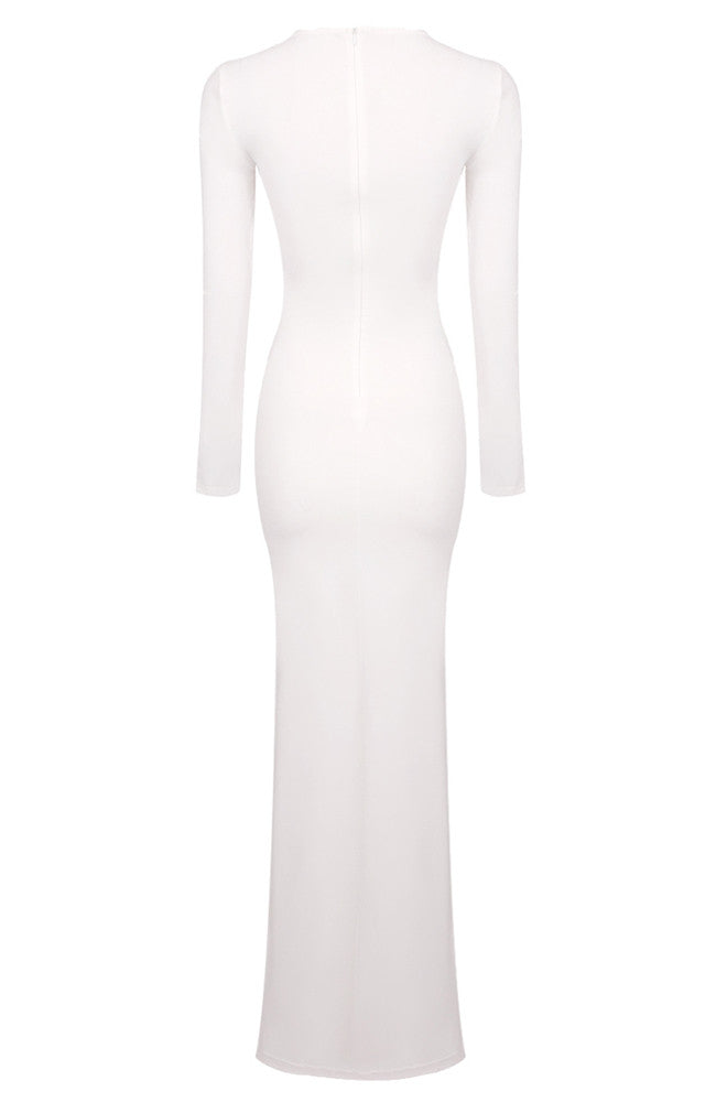 Long Sleeve Draped Detail Maxi Dress White