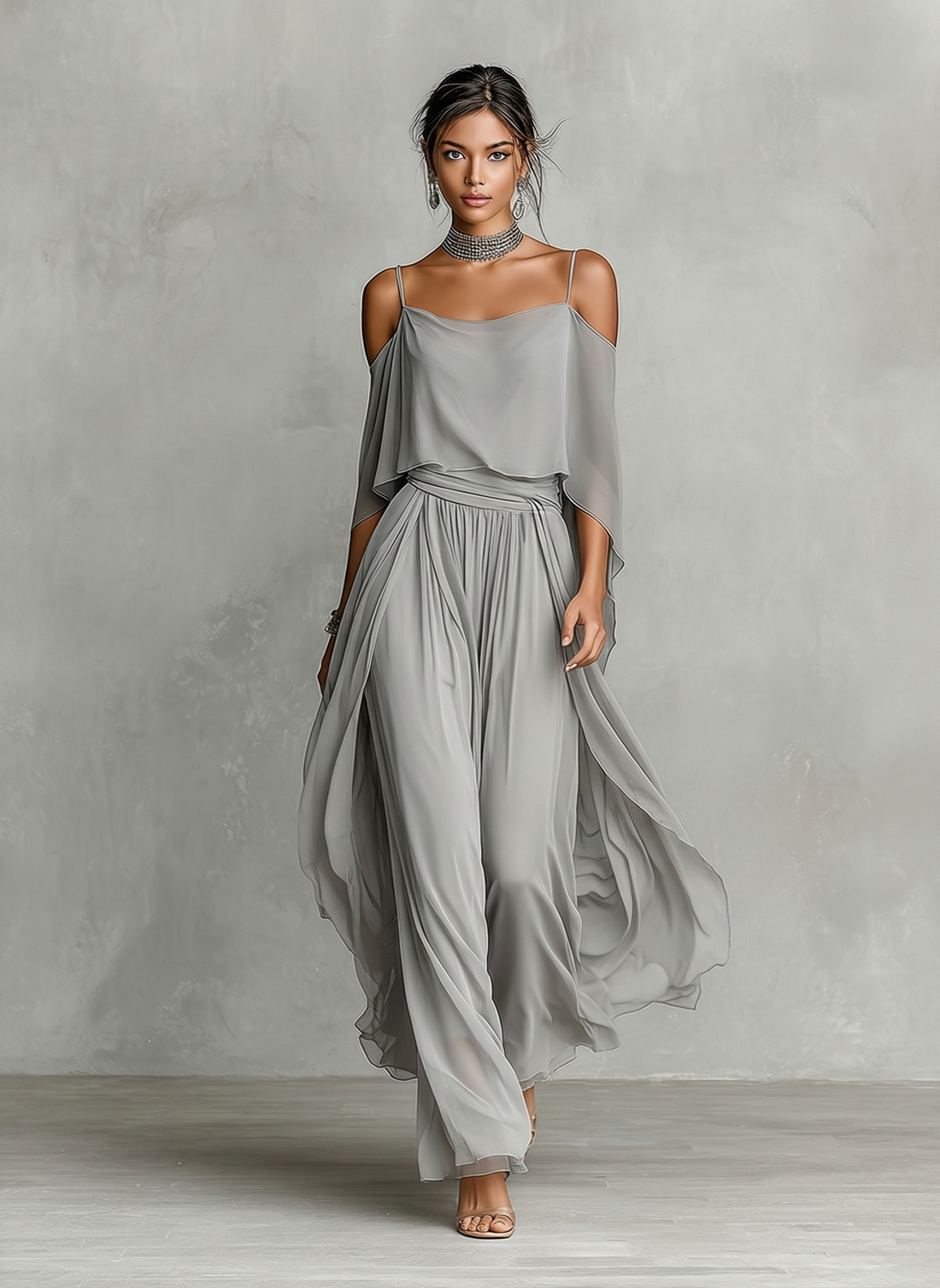 Women's Grey Breathable Chiffon Set With Cold-Shoulder Detail & Flared Silhouette, Contemporary Luxury-Feminine Style Set MDZ2651B6I