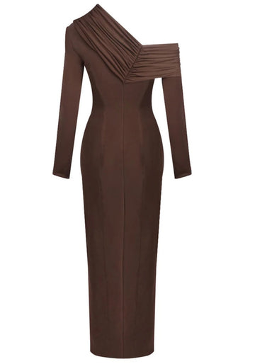 Long Sleeve Draped Detail Maxi Dress Brown