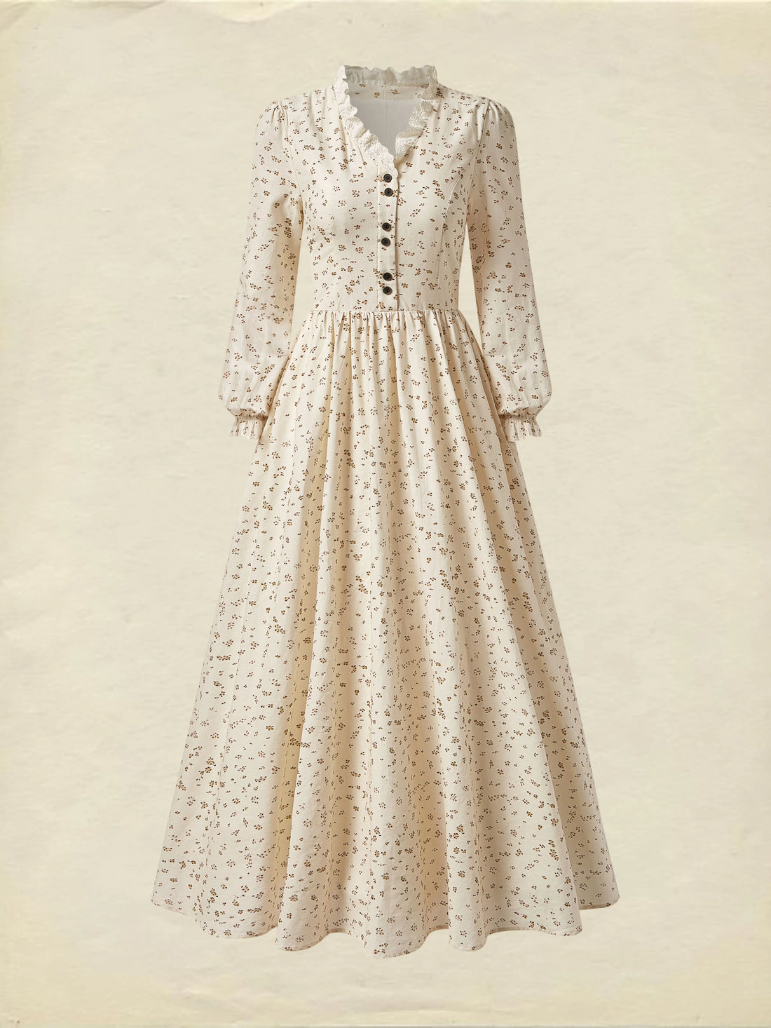 Linen Maxi Dress, Long Sleeves, V Neck, Botton Down, Floral, Apricot