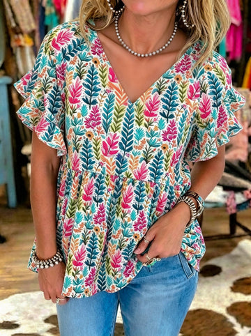 V-neck Tropical Botanical Print Peplum Top
