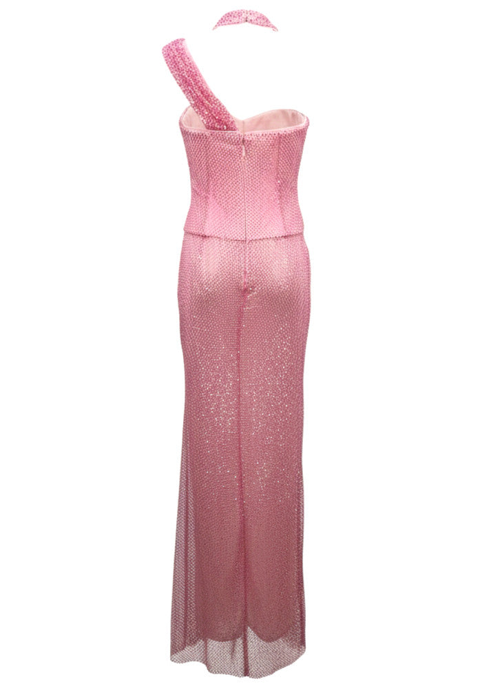 Halter Sparkly Two Piece Maxi Dress Pink