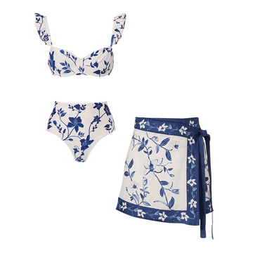 Adjustable Straps Blue & White Floral Print Swimsuit Set(s)