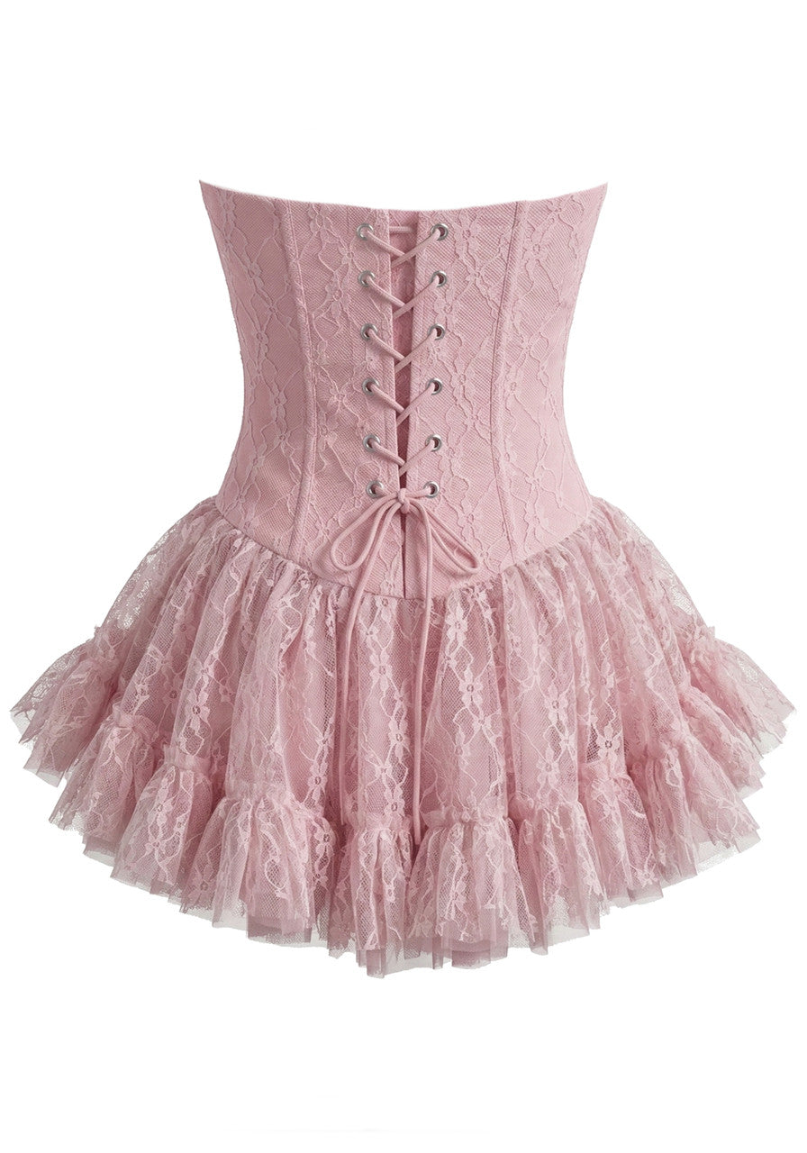 Strapless Draped Bustier Lace A Line Corset Dress Pink