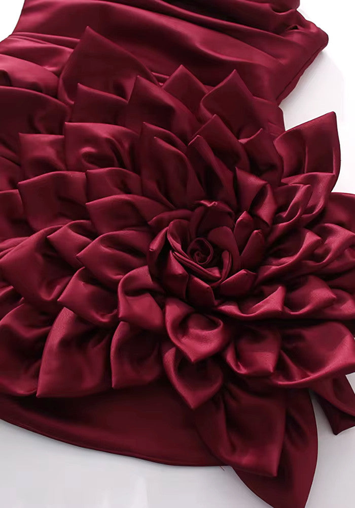 Strapless Floral Draped Dress Burgundy