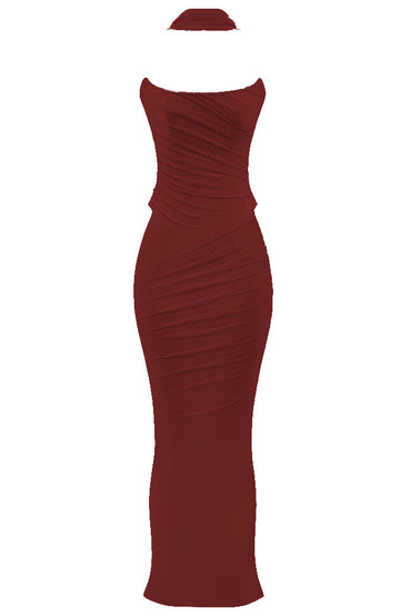 Strapless Draped Two Piece Maxi Dress Burgundy