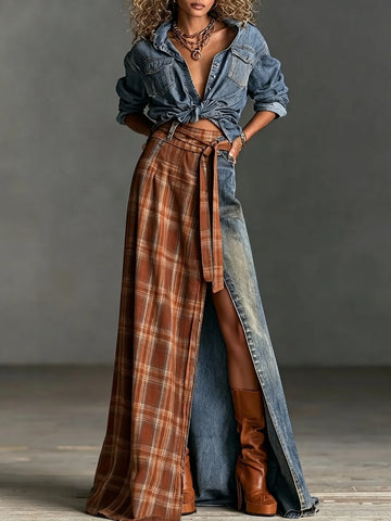 Denim Shirt and Plaid-Paneled Denim Skirt Two-Piece Set