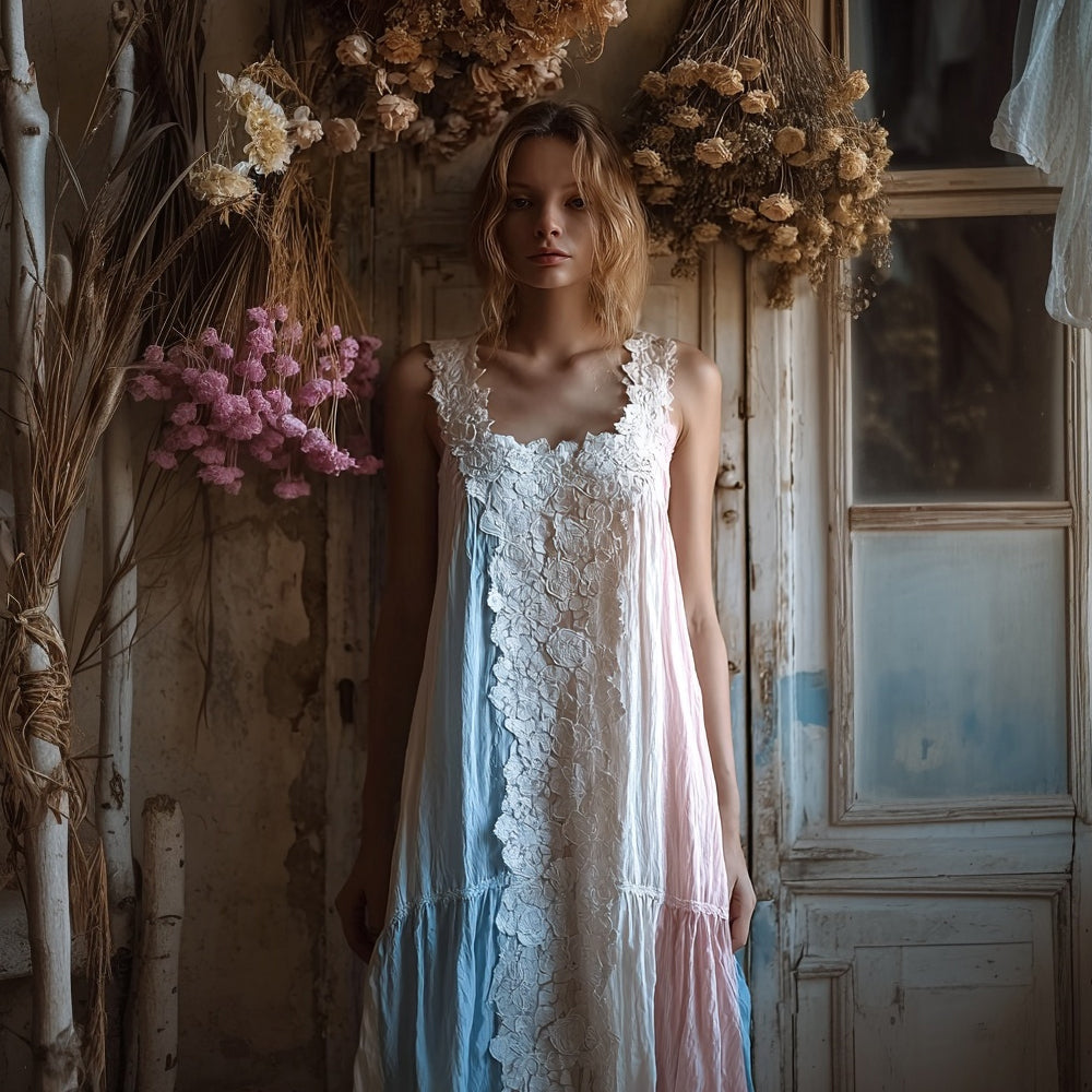 Trans Flag Color Inspired Lace Floral Linen Maxi Dress
