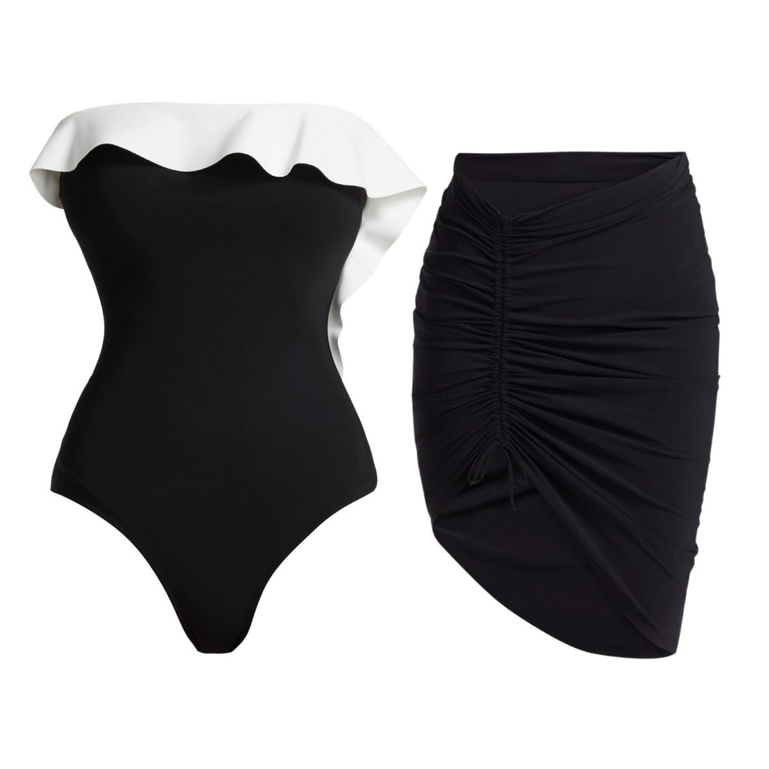Ruffled Color One Piece Swimsuit and Skirt
