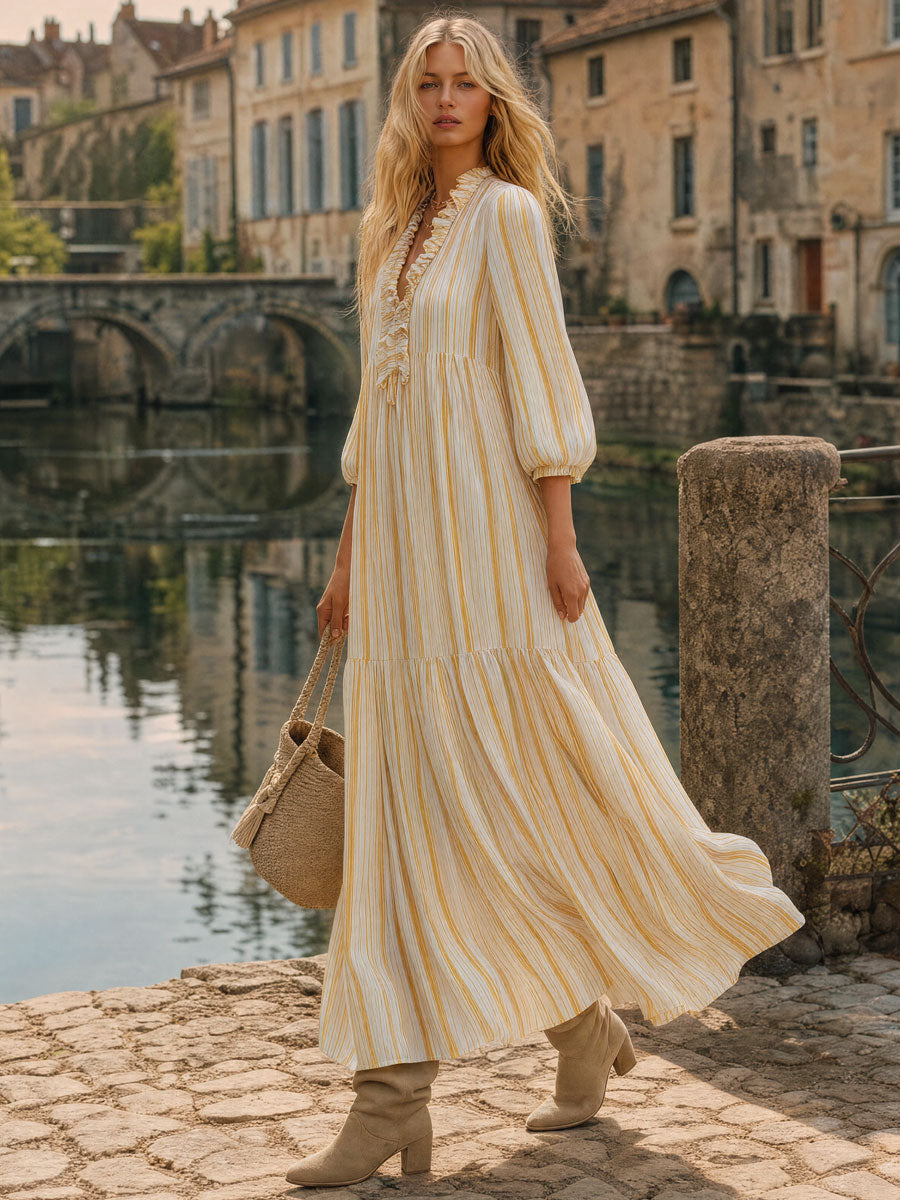 Retro-elegant Yellow Striped Ruffled V-neck Cotton Maxi Dress