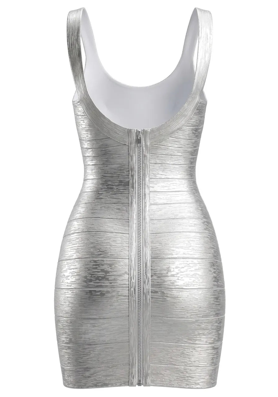 Woodgrain Foil Print Dress Silver