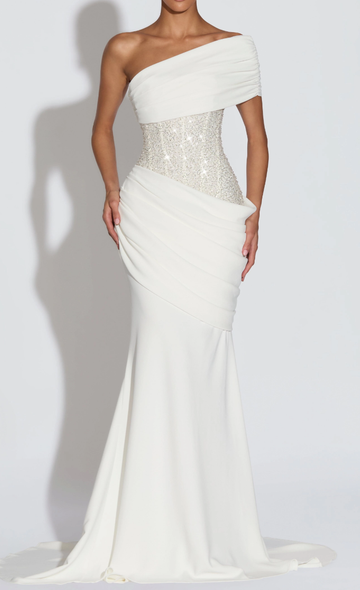 White One-Shoulder Crystal Embellished Maxi Dress