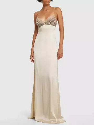Embellished Silk Sleeveless Long Slip Dress