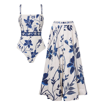 Adjustable Straps Blue & White Floral Print Swimsuit Set(s)
