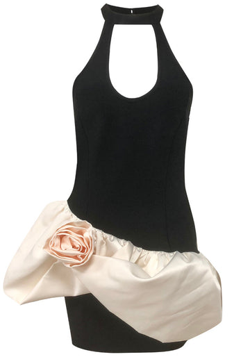 Halter Floral Puff Dress Black Ivory