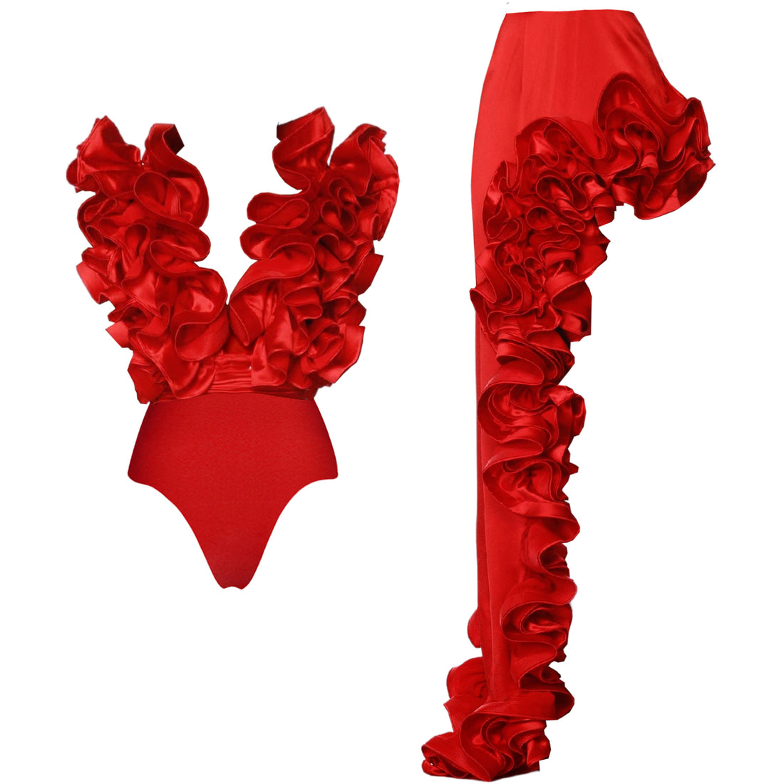 Red Flower Frilled V Neck One Piece Swimsuit and Skirt