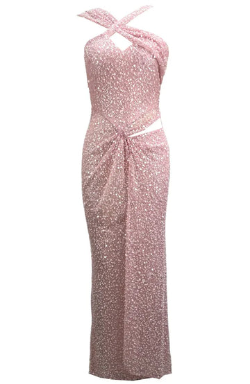 Halter Draped Sequin Maxi Dress Pink